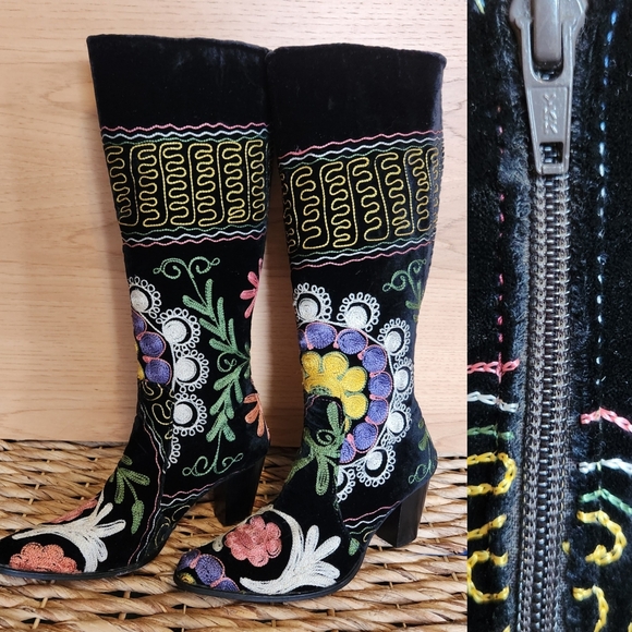 WOMEN'S SUZANI BLACK VELVET HAND EMBROIDERED STATEMENT KNEE BOOTS SIZE 8.5 / 39 - Picture 5 of 16